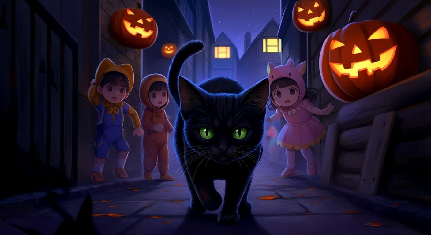 Halloween Black Cat in Anime Style Alley
