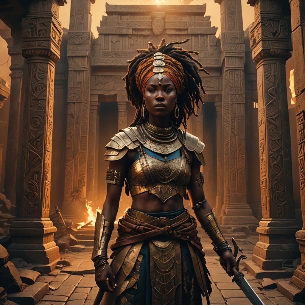 Fierce African Warrior in Ancient Temple