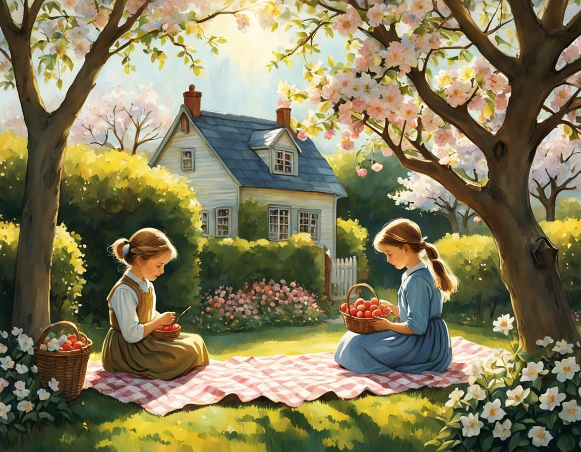 Whimsical Garden Scene in Folk Art Style