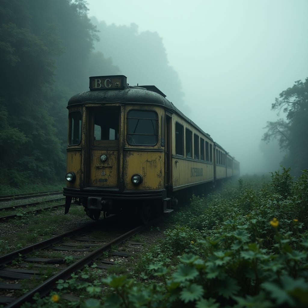 Um trem abandonado escrito “BG” e enferrujado repousa sobre ...