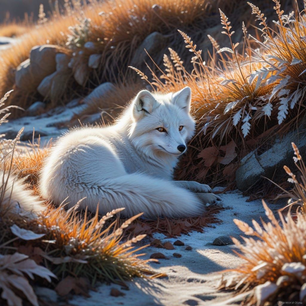 Arctic Fox in Autumn Meadow: Pastel Pencil Art