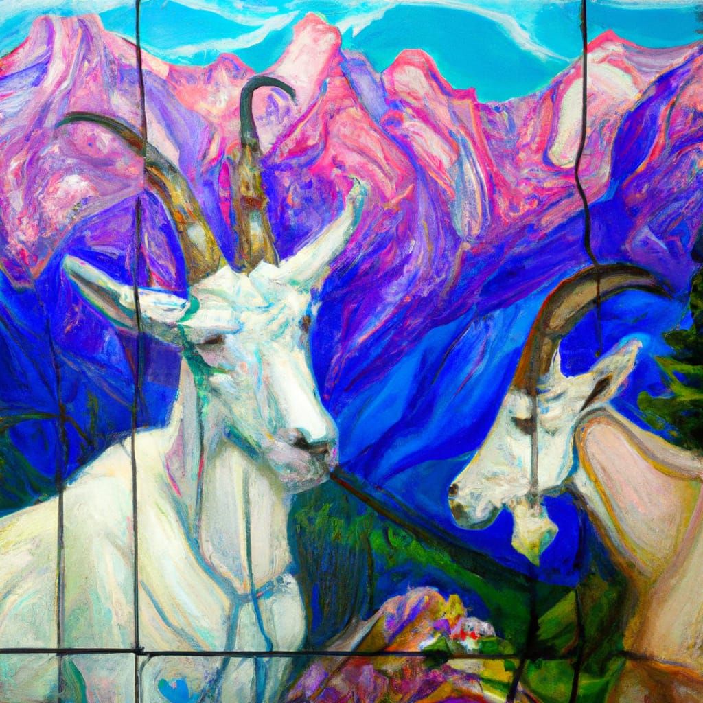 Stained Glass Mountain Goats Oil Painting