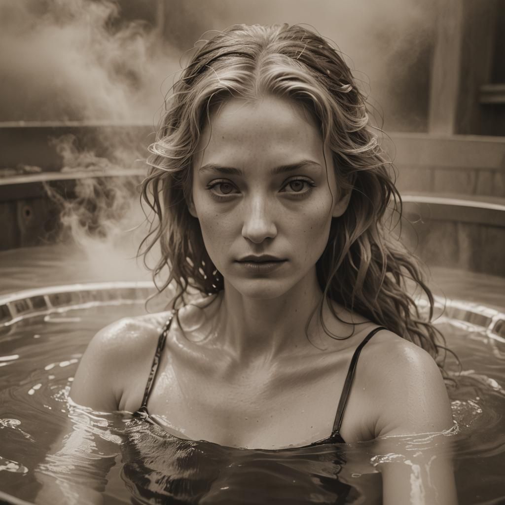 Anime Girl in Hot Tub: Sepia-Toned Dream Photograph