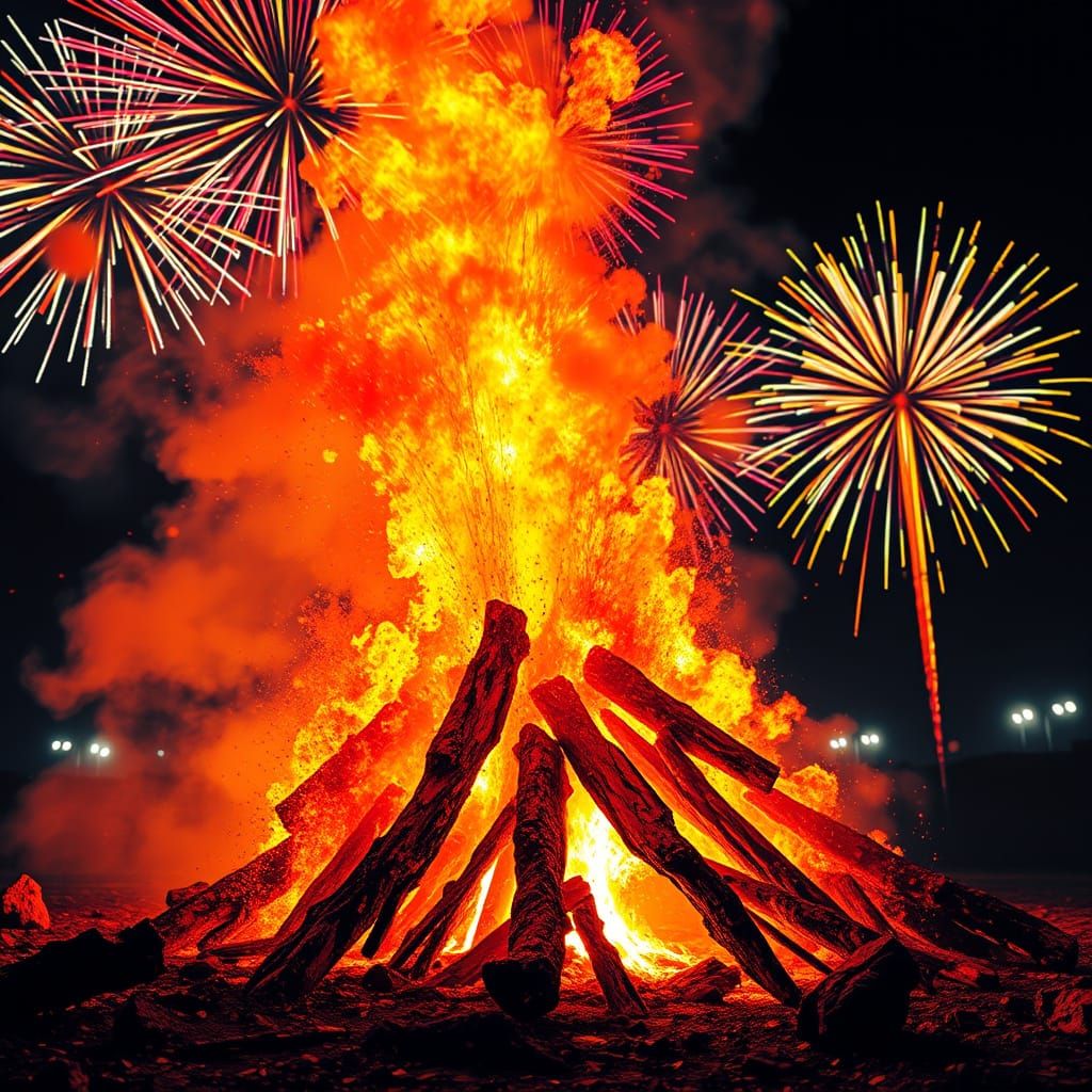 Vibrant Bonfire Erupts in Colorful Fireworks Display