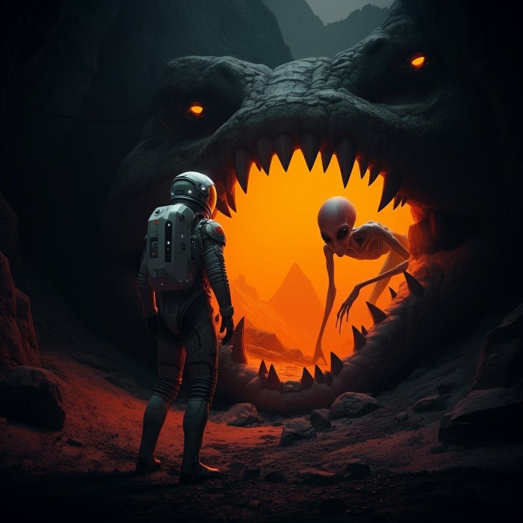 Astronaut and Alien Encounter in a Bioluminescent Cave