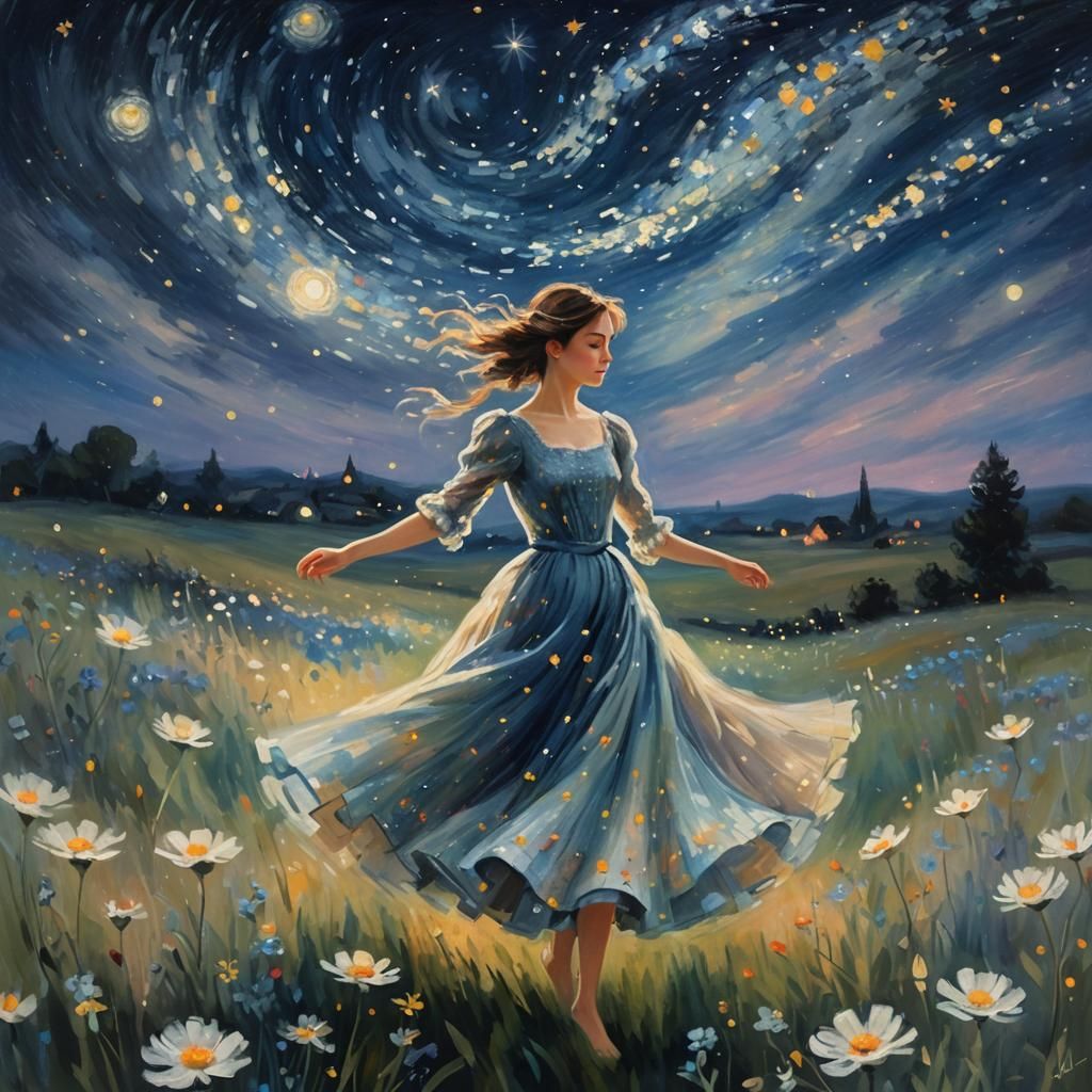 Woman Dancing in Starry Field: Impressionist Painting