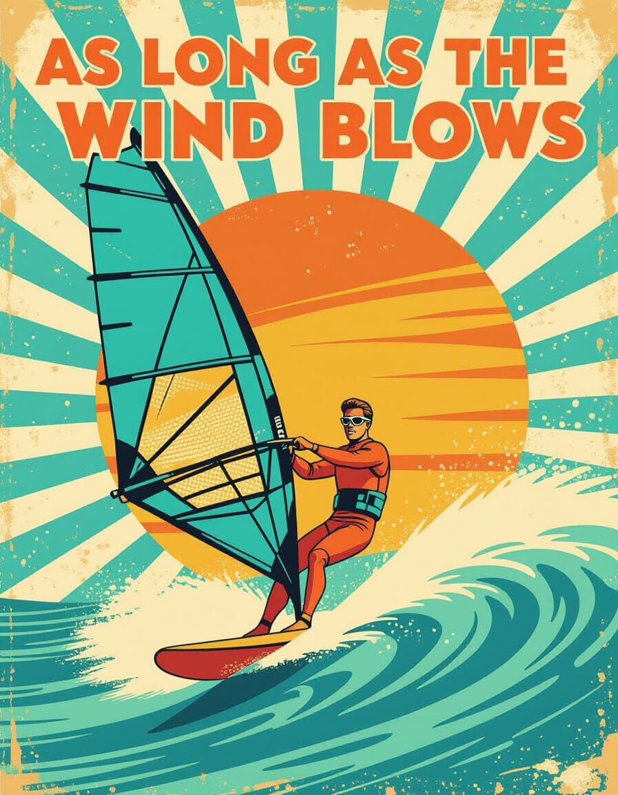 Vintage Windsurfer Riding Wave in Retro Style