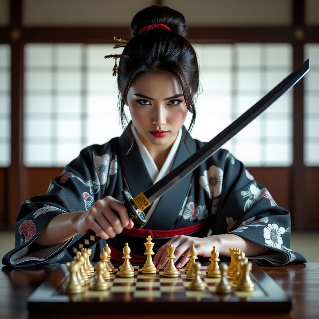 Japanese Woman Plays Chess Waving Katana, Hyperrealistic