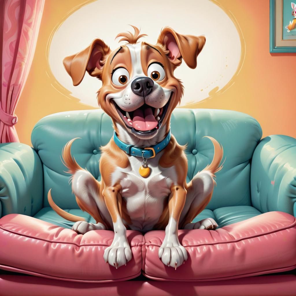 Dog Farting on a Couch in Classic Cartoon Style