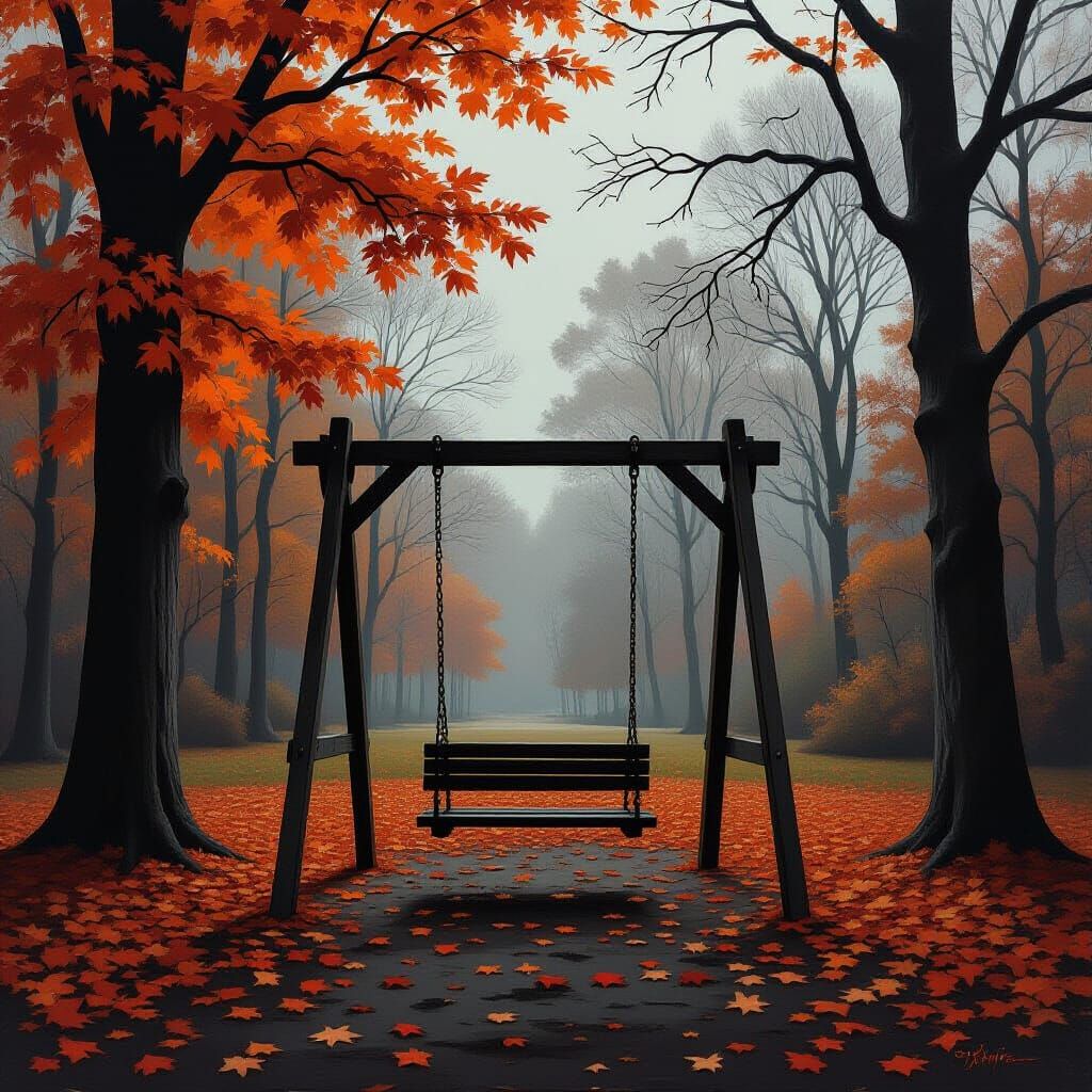 Gloomy Autumn Playground Swing in Moody Oil Painting Style