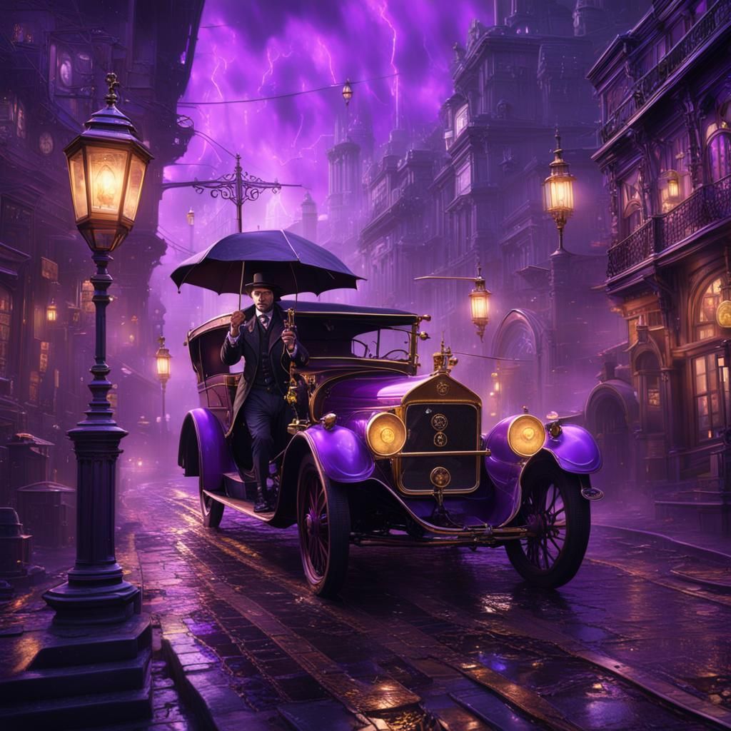 Steampunk Detective in Purple Rain: Detailed Matte Painting
