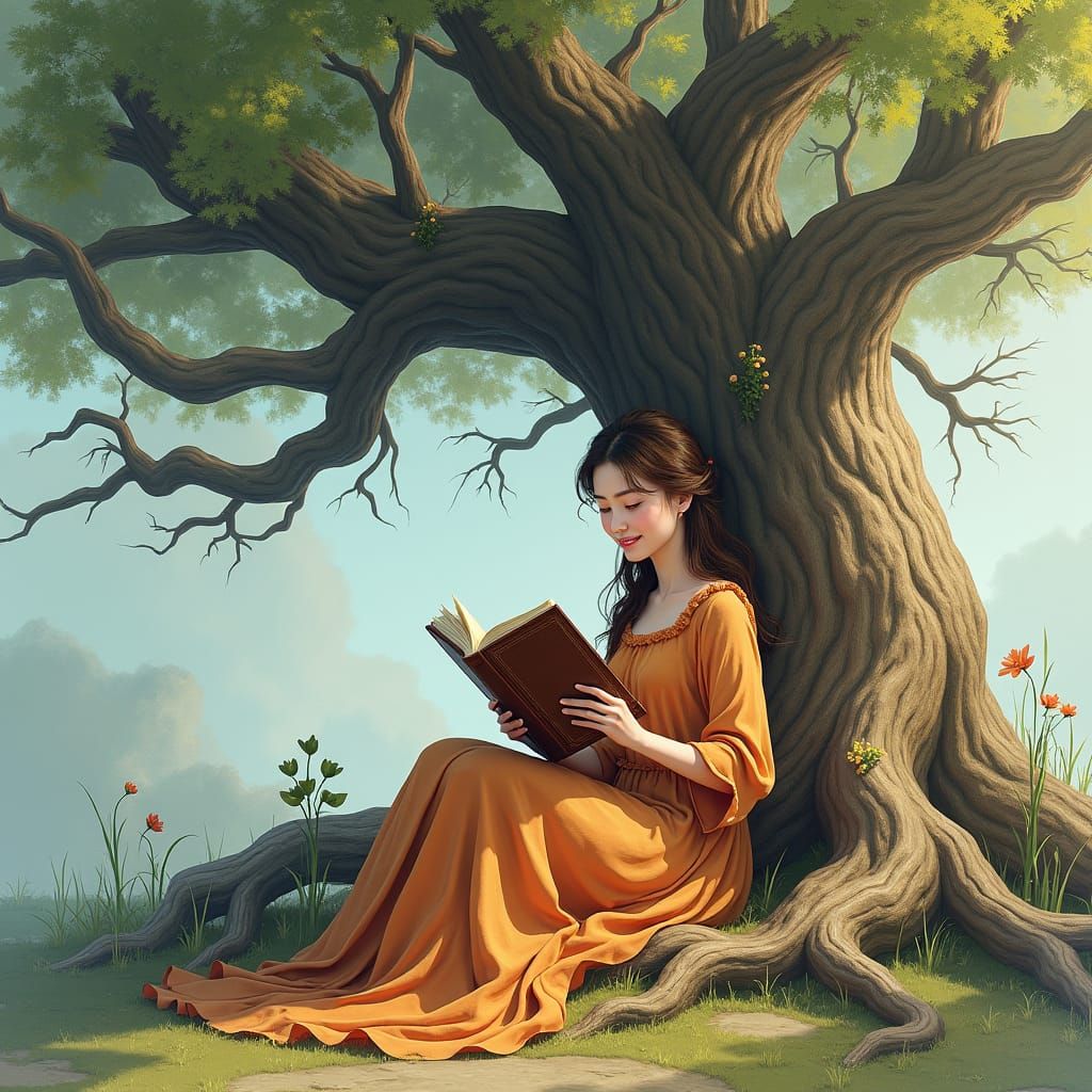 Woman Reading Under Ancient Tree in Fantasy Art Style