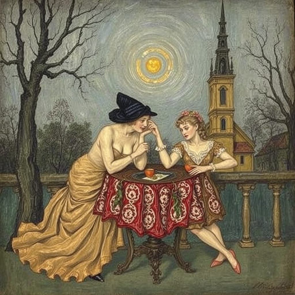 Allegory in Pointillist Style: Oil Painting