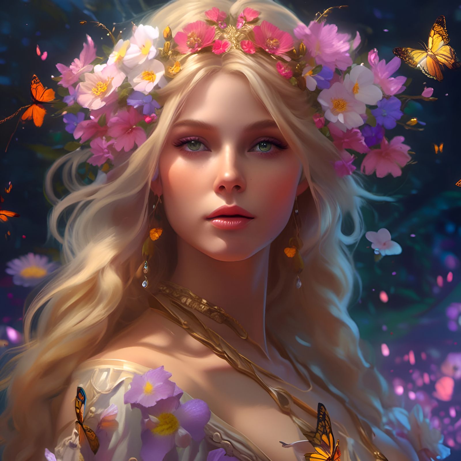 Fairy Girl Portrait with Flowers and Butterflies