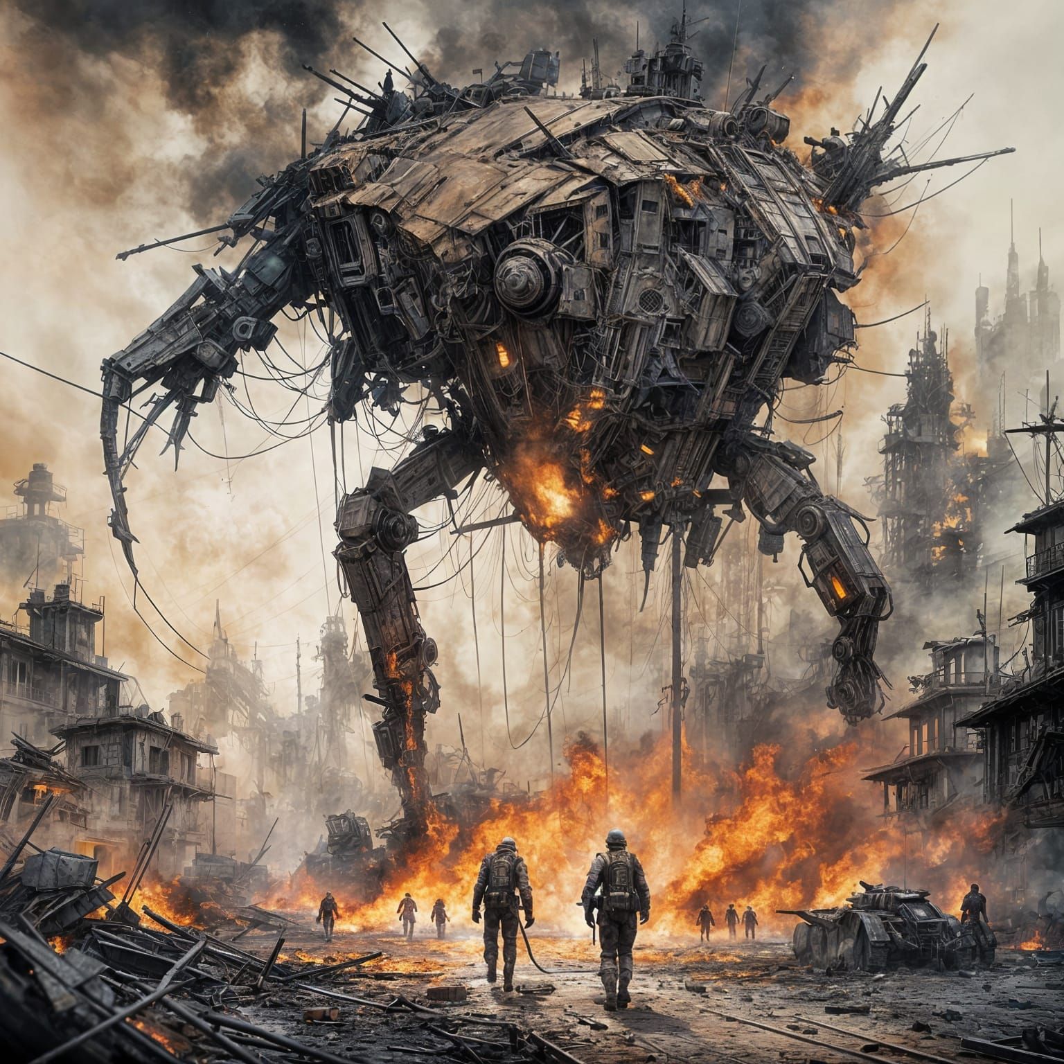 Battle-Mech Emerges from Burning Town
