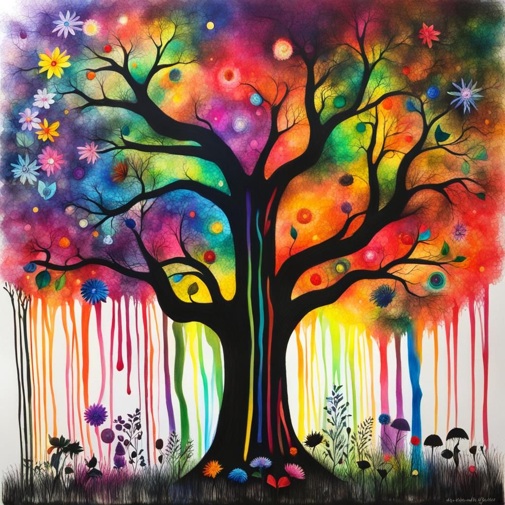 Enchanted forest, trees, flowers,  Kids Crayon drawings ,surreal child's drawing , rayograph ,collection of random b&W o...