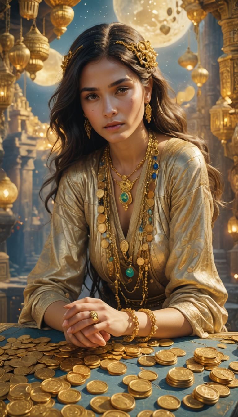 Mystical Woman with Gold in Ancient Temple