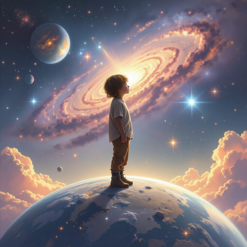 Contemplative Child on Tiny Planet in Vast Universe