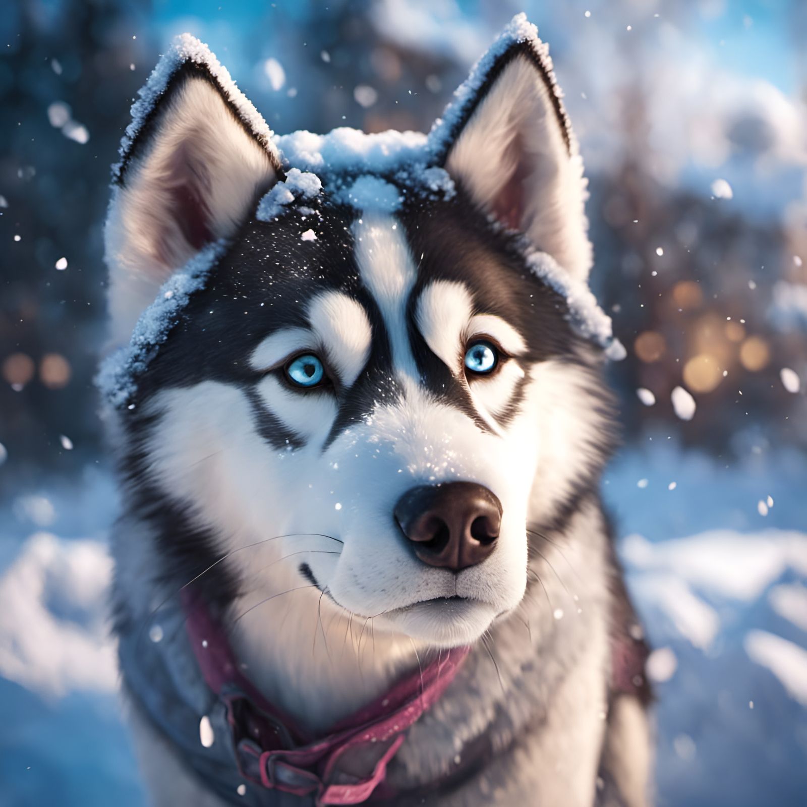Eskimo Girl with Husky in Falling Snow
