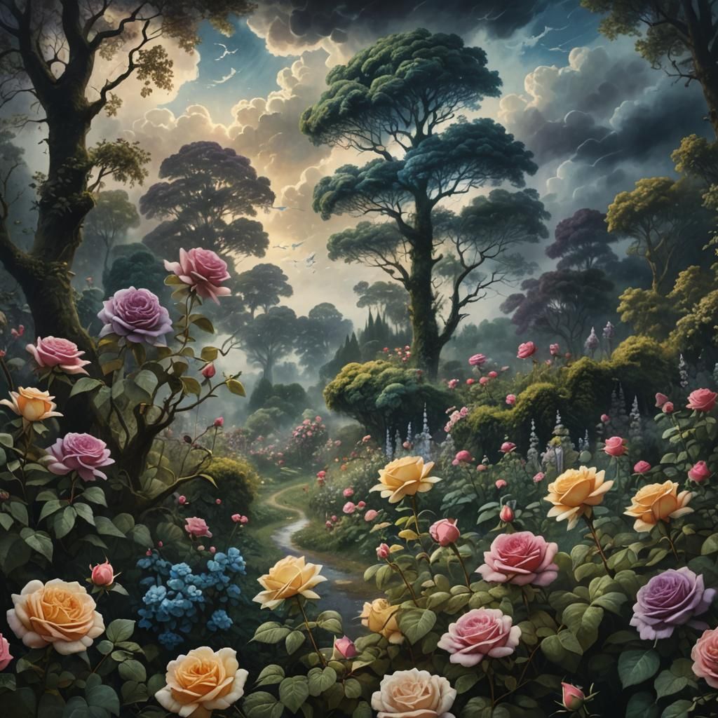Mystical Forest in Mezzotint with Blooming Rose Garden