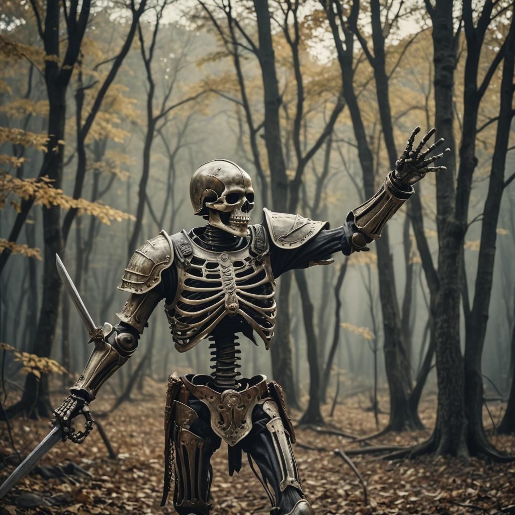 Skeleton Knight Waving: Cinematic Film Still