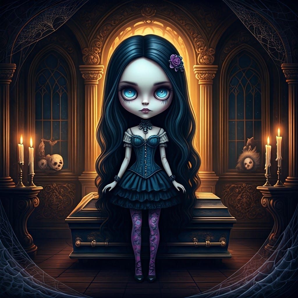Creepy Goth Doll in Victorian Funeral Home