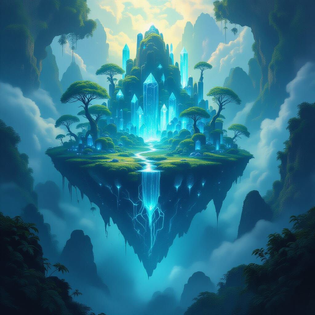 Bioluminescent Forest on Floating Island, Ethereal Concept A...