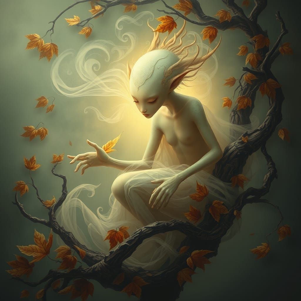 Ethereal Humanoid in Mystical Autumn Scene