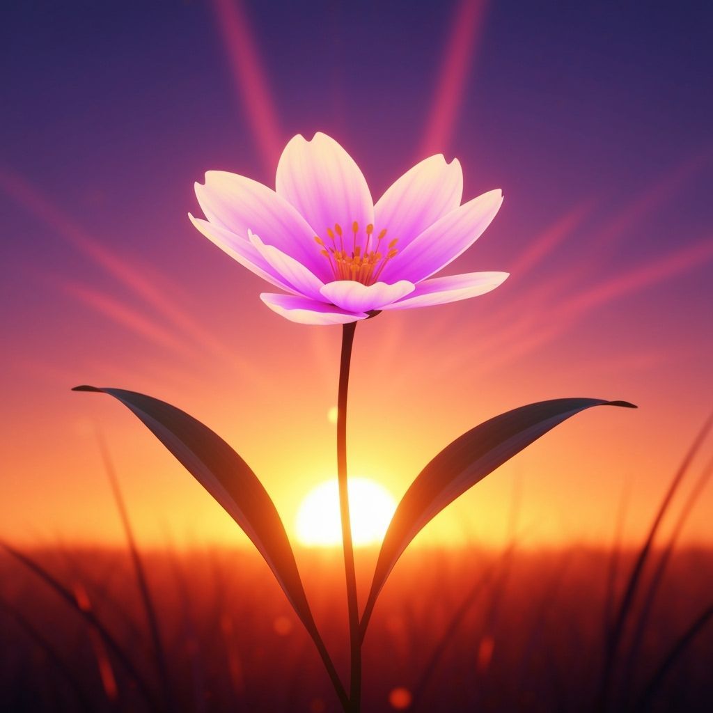 Ethereal Flower in Vibrant Sunset Glow, 3D Anime Style