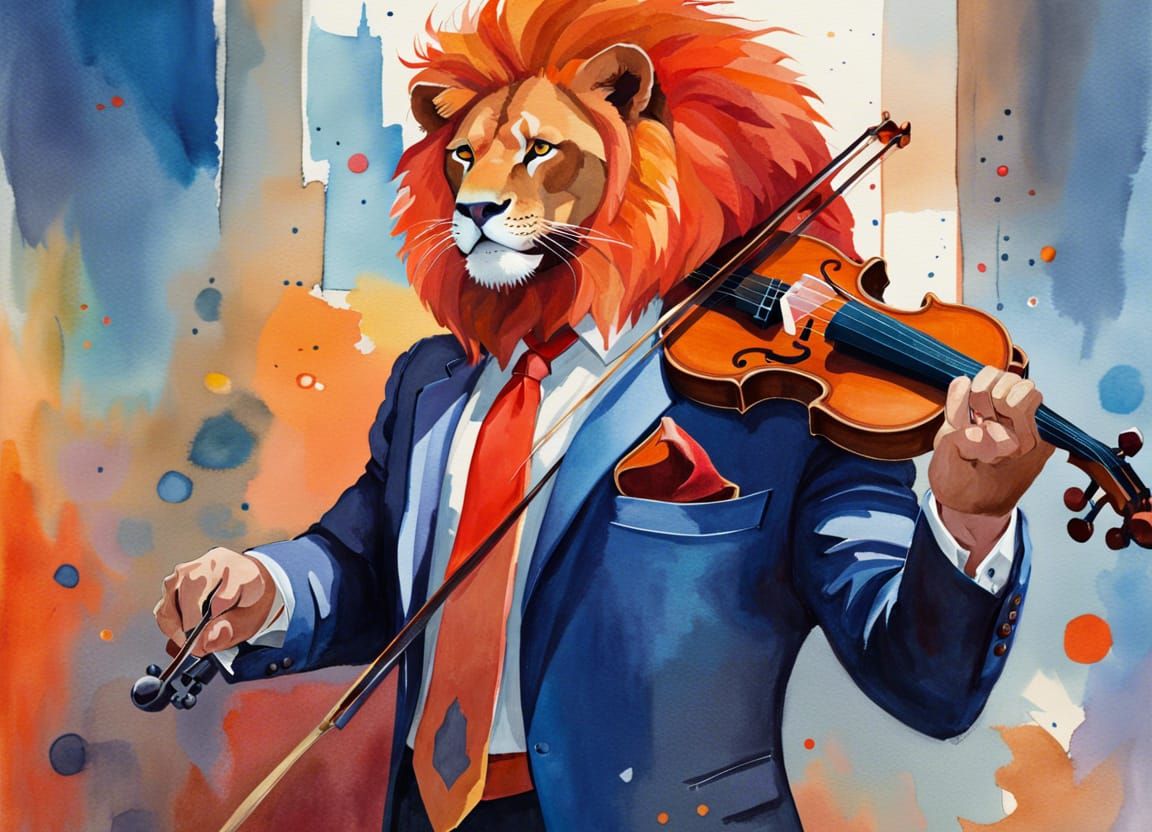 Lion Man Plays Violin in Watercolor Style