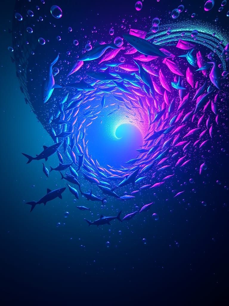 Swirling Shark Vortex in Neon, Bioluminescent Glory