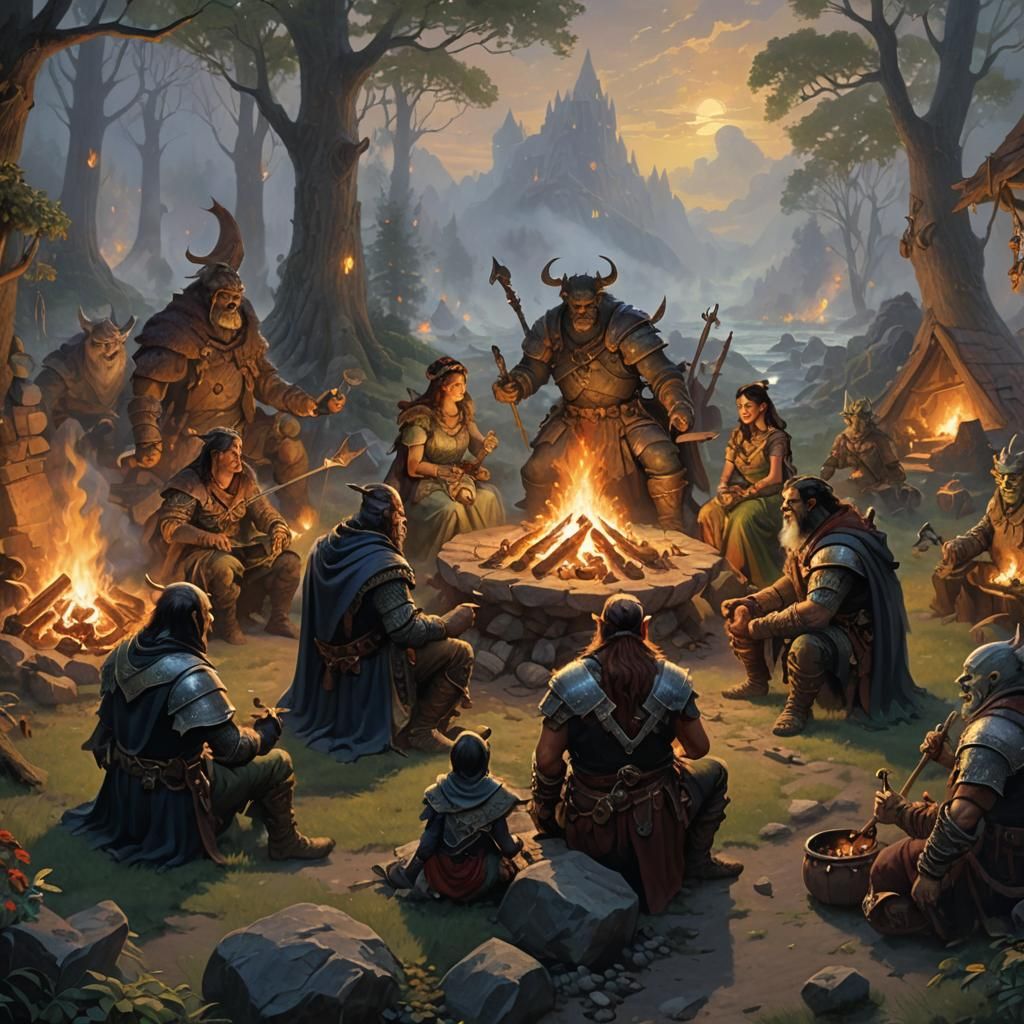Fantasy Adventuring Party Around Campfire in High Detail
