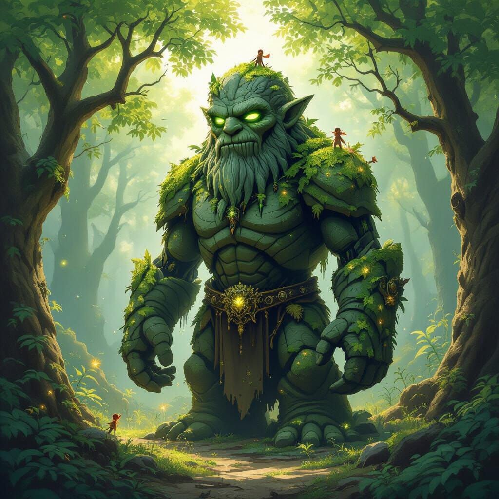 Moss-Covered Stone Golem in Enchanted Forest