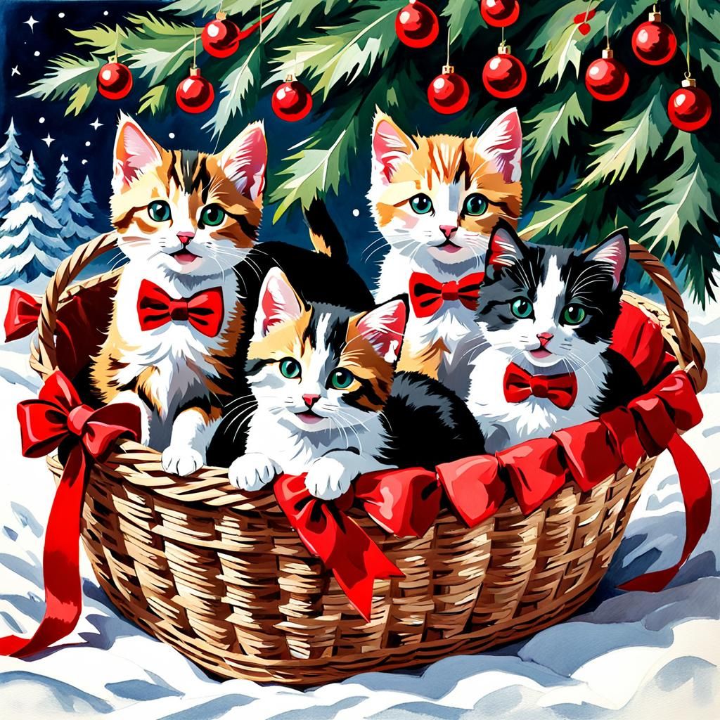 Christmas Kittens and Puppies in Gouache Style