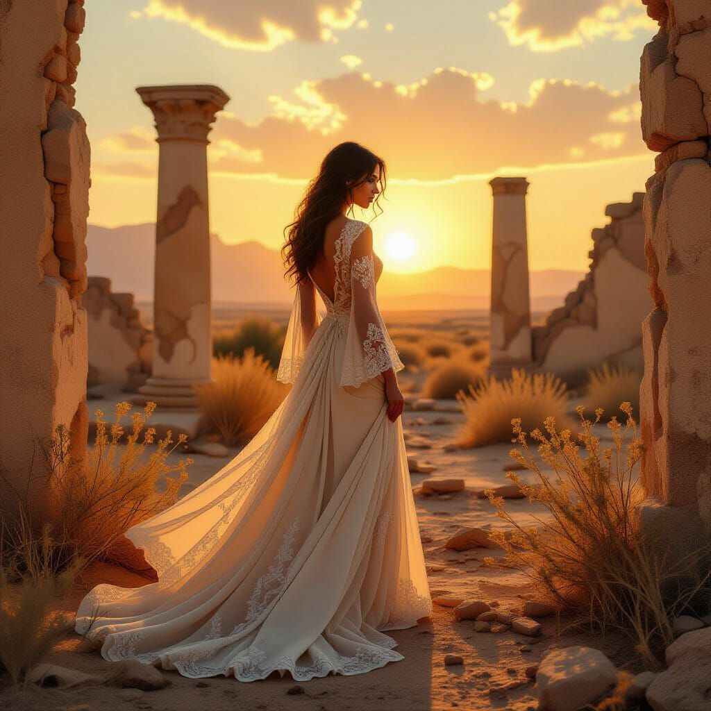 Woman in Desert Ruin at Sunset, Oil Painting