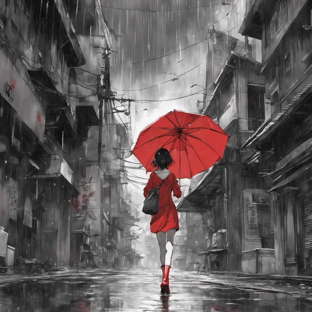 Japanese Girl in Red Dress, Anime-Style Portrait