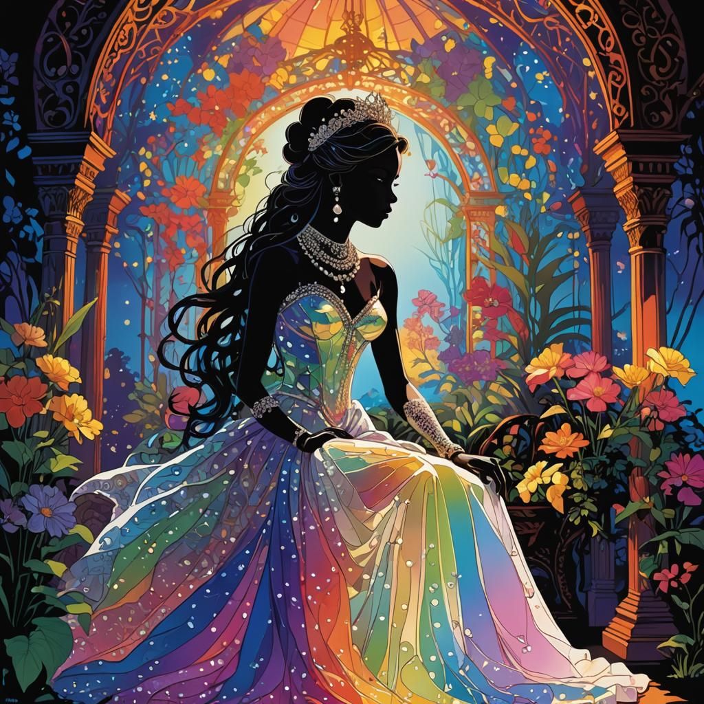 Graceful Princess Silhouette in Rainbow Gazebo