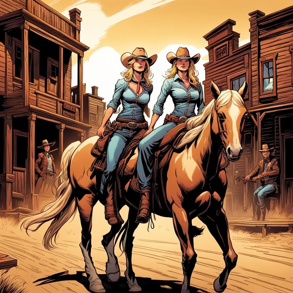 Blonde Cowgirls on Horses in Western Town