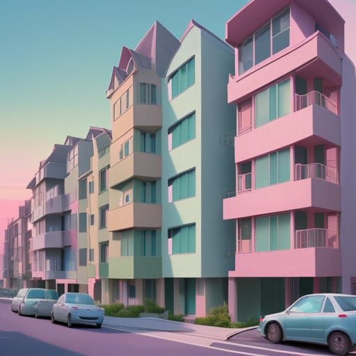 Serene Urban Landscape in Soft Pastels with Perfect Geometry