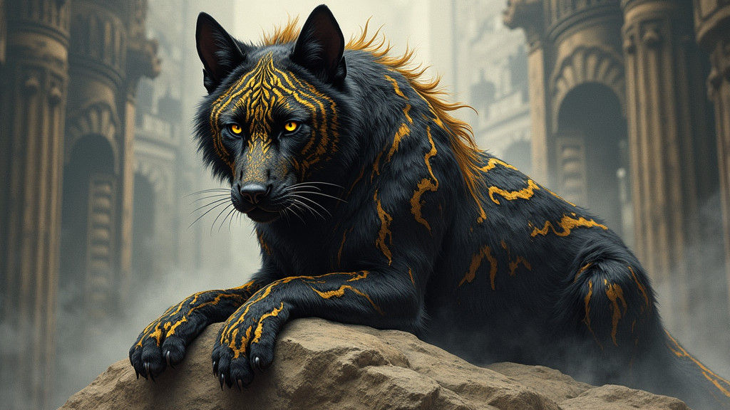 Wolf Cat King on Rocky Throne in Mystical Style