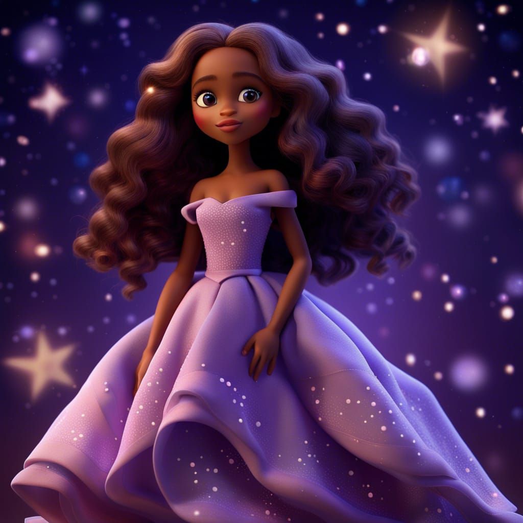 Pixar render Disney style beautiful girl doll style with brown glowing skin, long wavy and unruly hair, lilac eyes, beau...