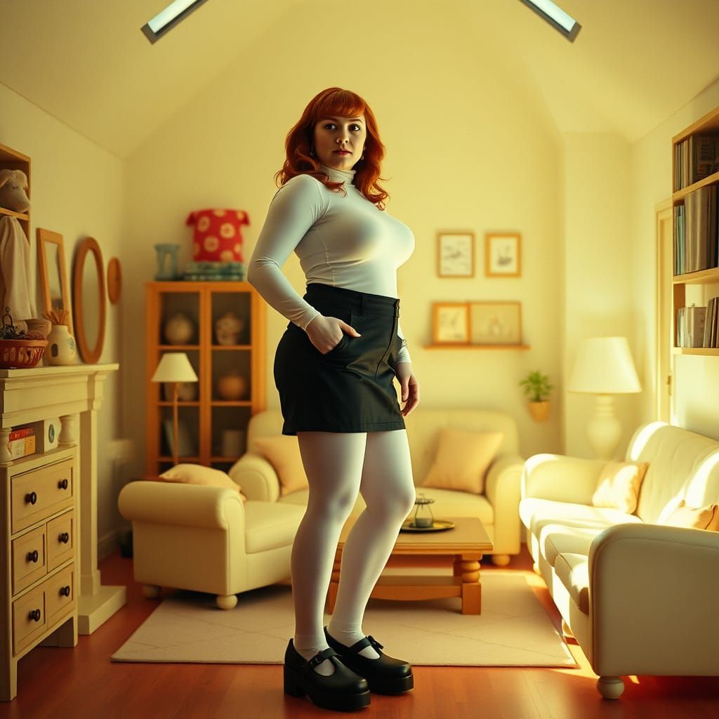 Sultry Redhead in Whimsical Dollhouse Wonderland
