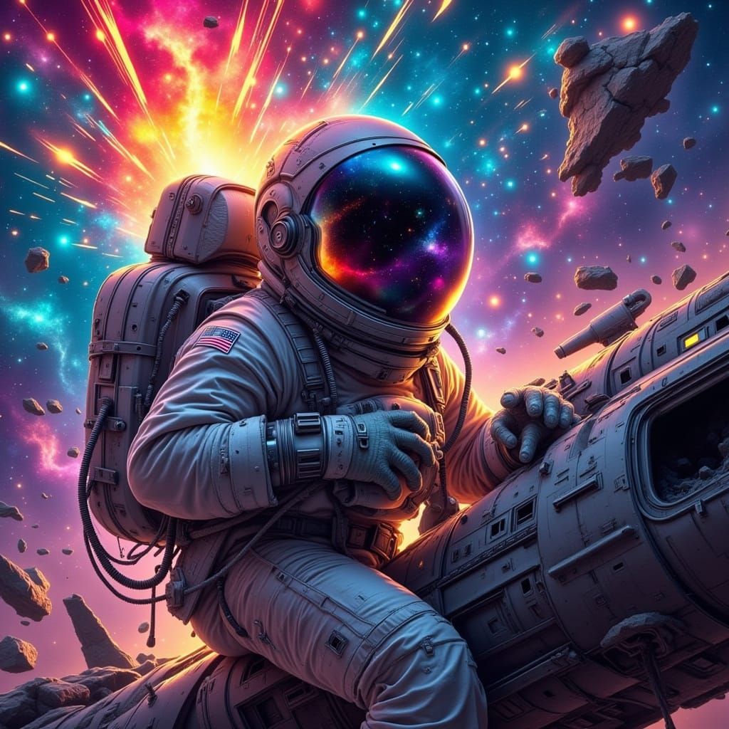 Astronaut Amidst Galaxy Explosion in Hyperreal Style