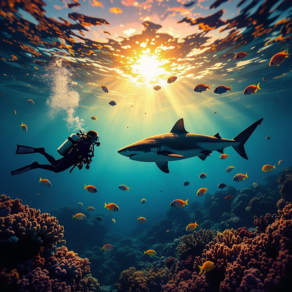 Scuba Diver Encounters Shark on Vibrant Coral Reef