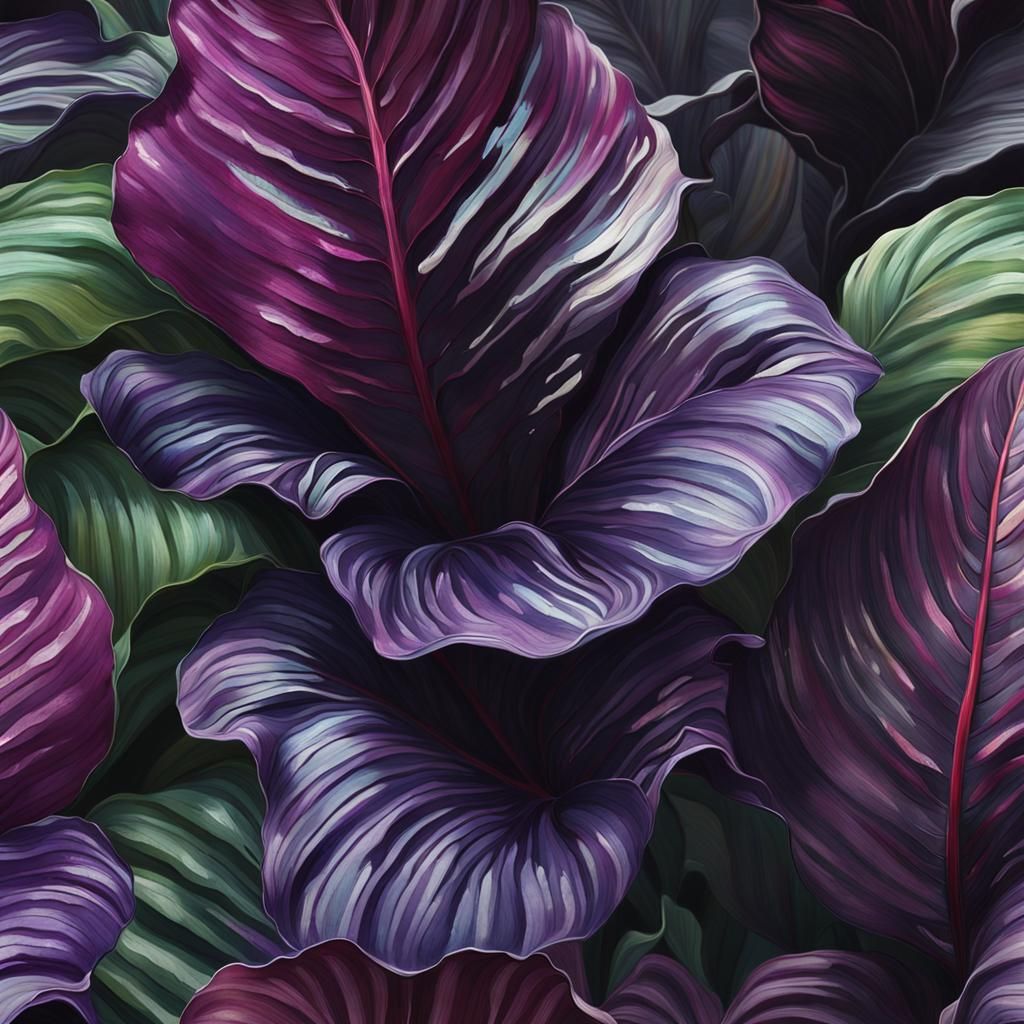 Hyperrealistic Purple Calathea Couture Impasto Painting