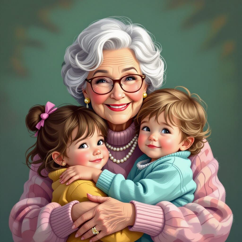 Grandma Hugs Grandkids in Hyper-Realistic Comic Style