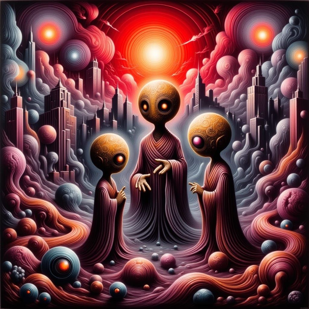 Masked Figures in Red-lit Twisted Cityscape