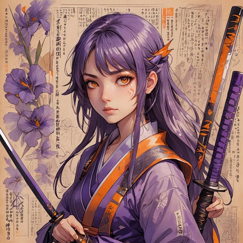 Manga Girl with Katana Stares at Character Sheet
