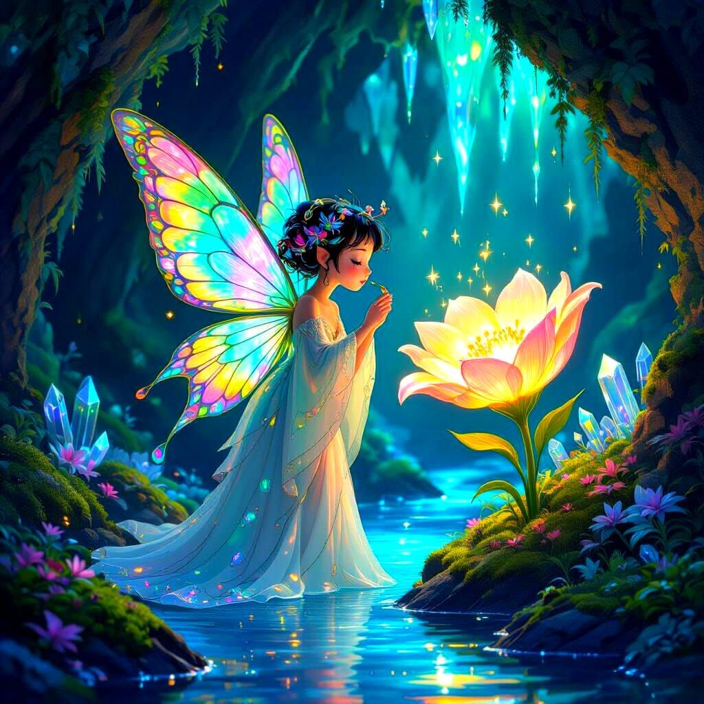 Bioluminescent Sprite in Grotto, Fantasy Art