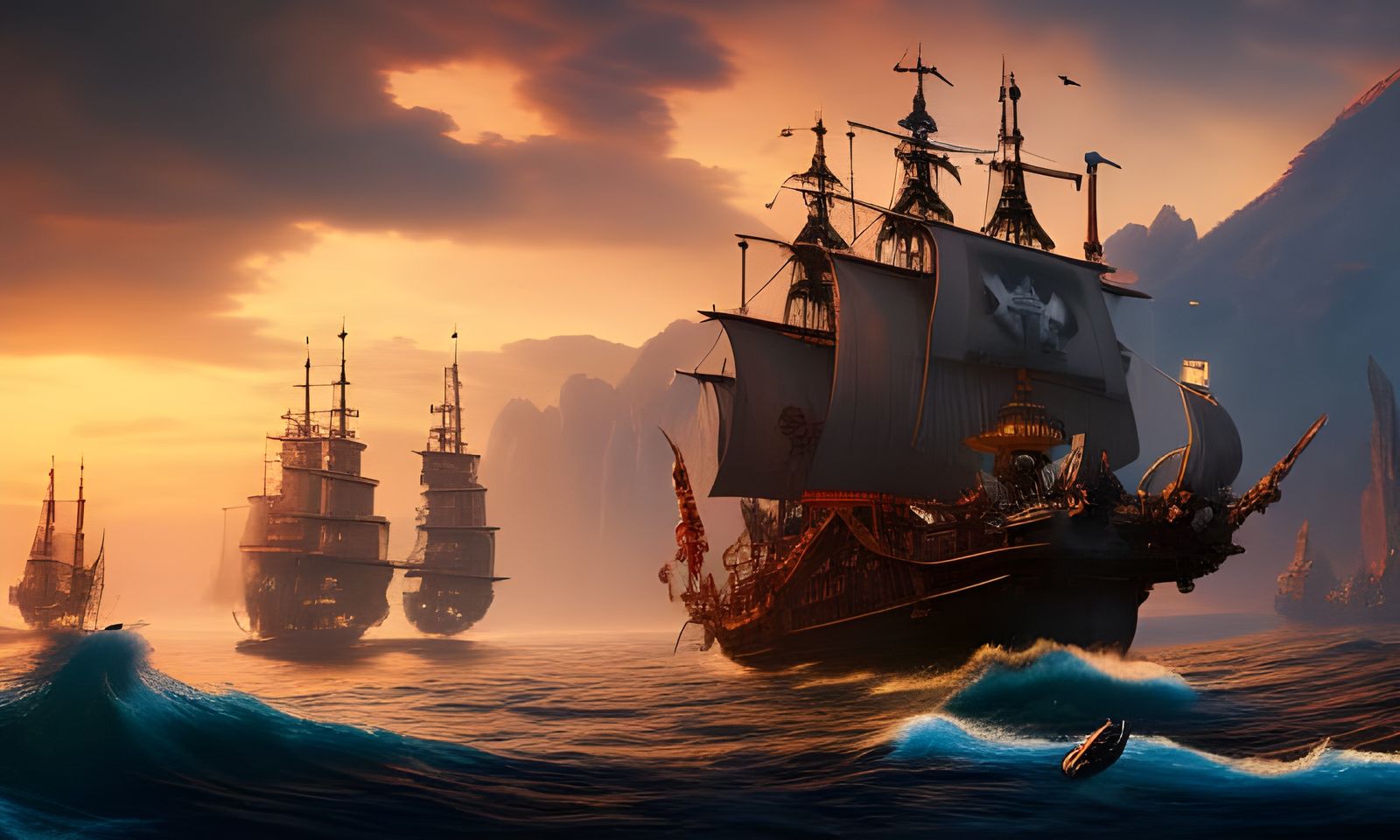 Pirate King Commands Fleet: Detailed Matte Painting